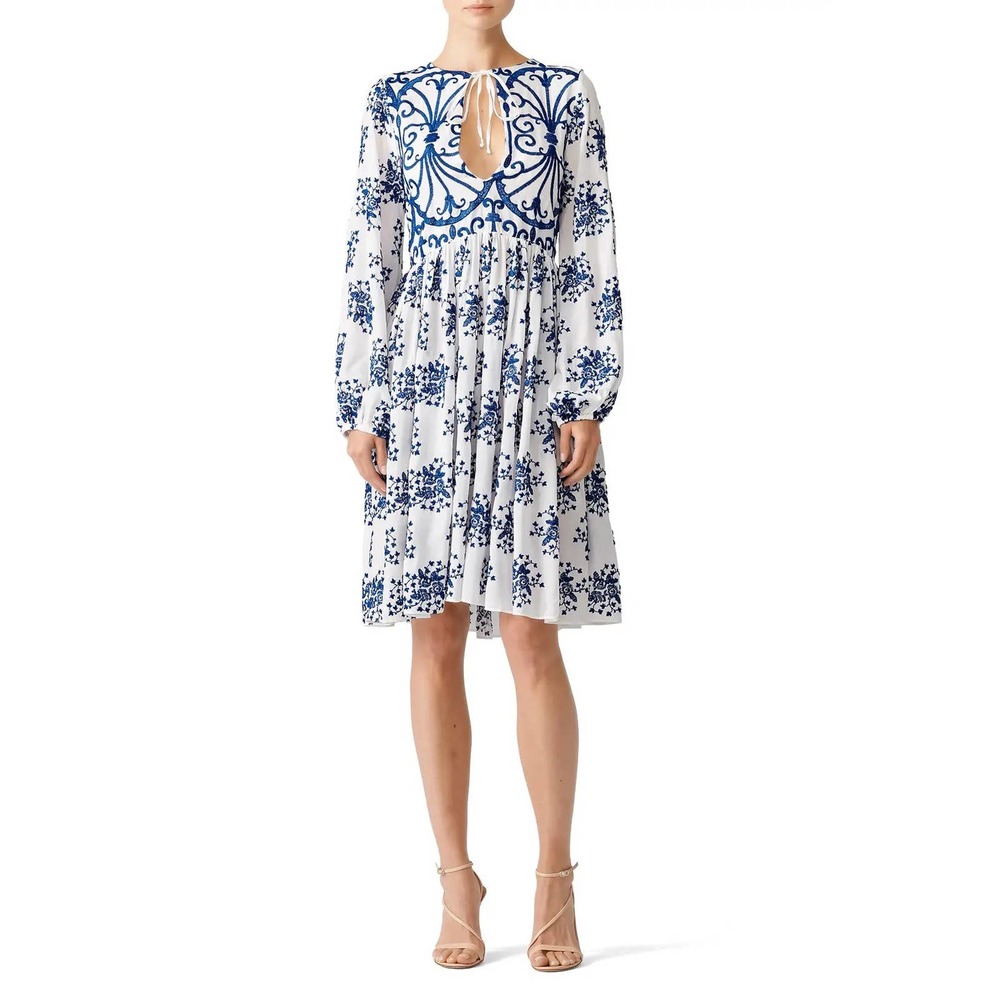 Alcoolique Donata White Blue Embroidered Plunge Keyhole Tie Long Sleeve Dress 40